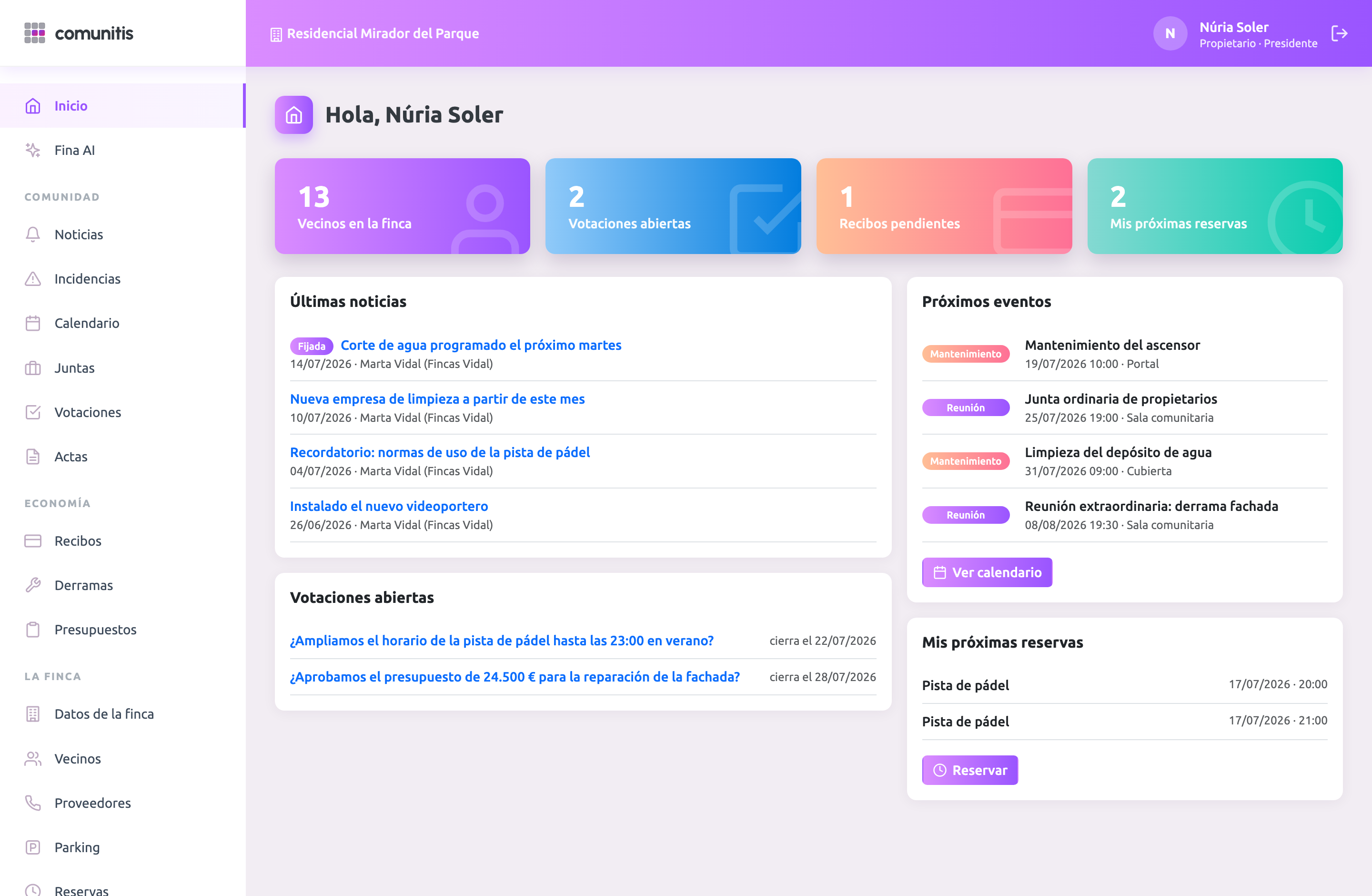 Panel de Comunitis: inicio de la comunidad con noticias, votaciones, eventos y reservas