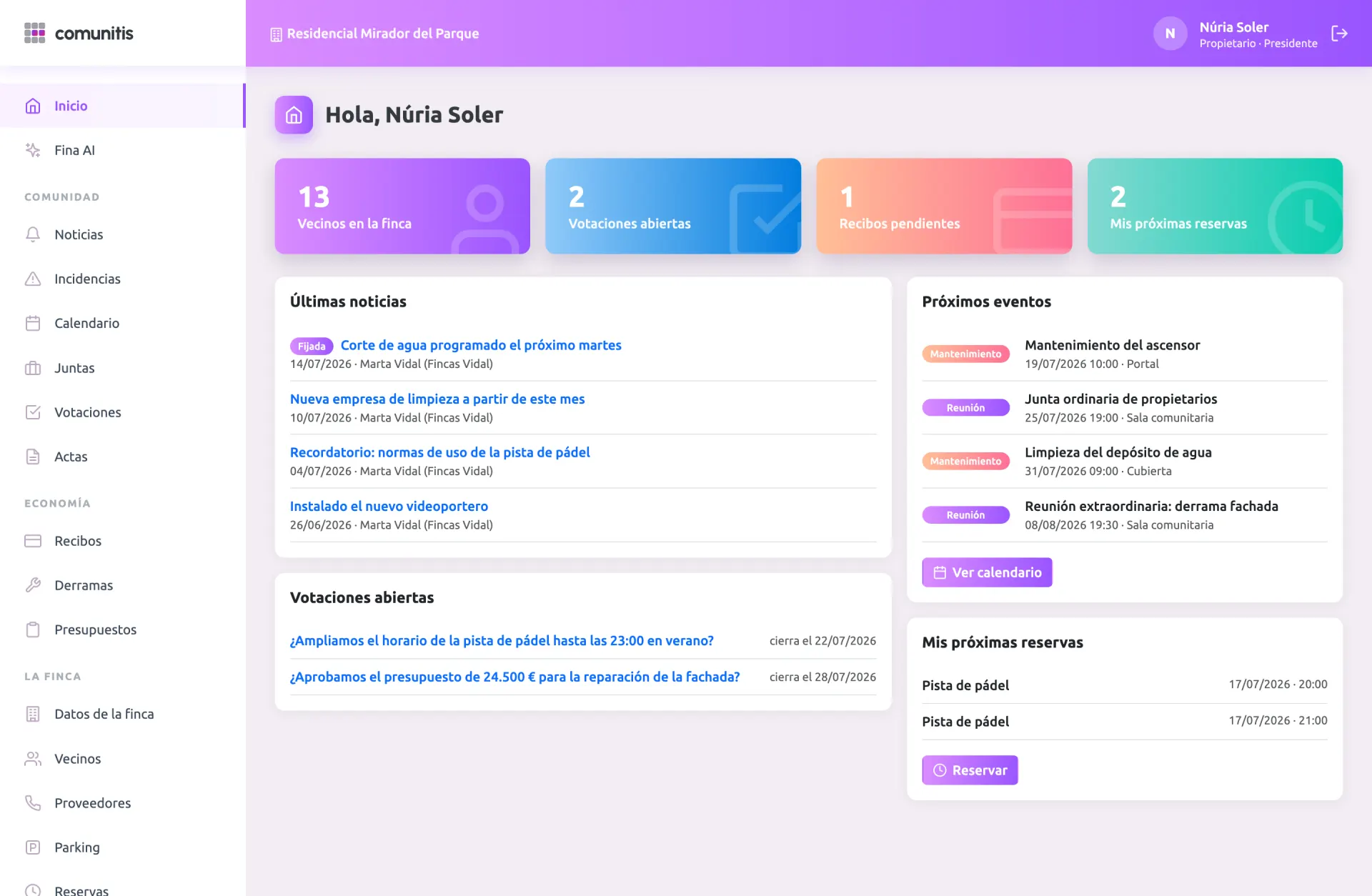 Panel de Comunitis: inicio de la comunidad con noticias, eventos y reservas